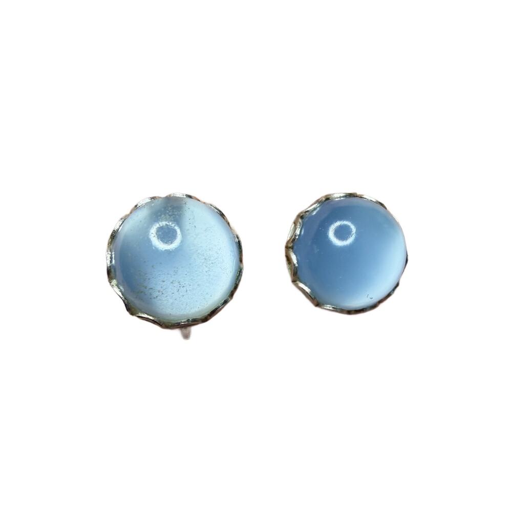 Glass? Blue moonstone screwback earrings set in sterling silver